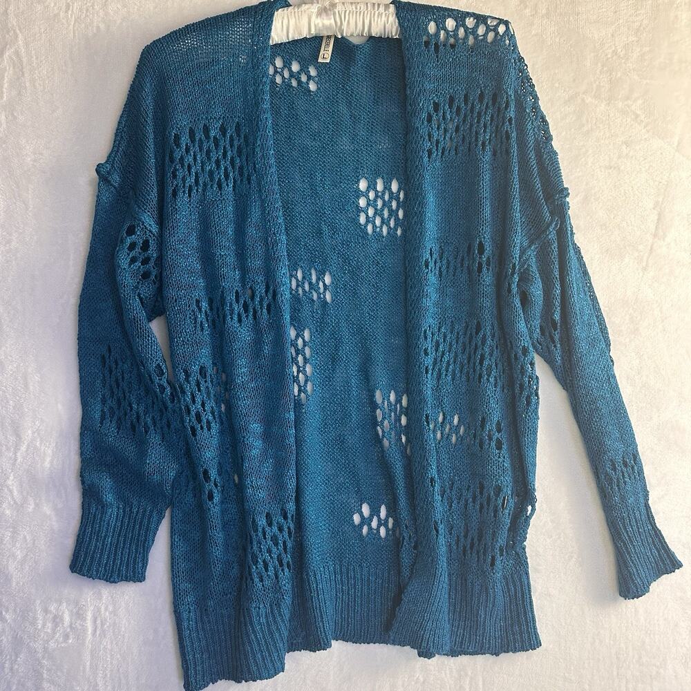 WOMENS GRECERELLE OPEN-KNIT BOHO CHIC DUSTER CARDIGAN SIZE L BRIGHT TEAL EUC